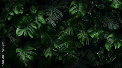 Background of group of dark green tropical leaves. Generative AI