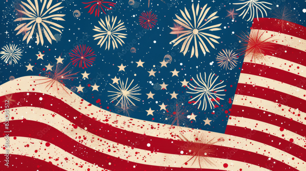 Obraz premium A patriotic American flag with fireworks and stars