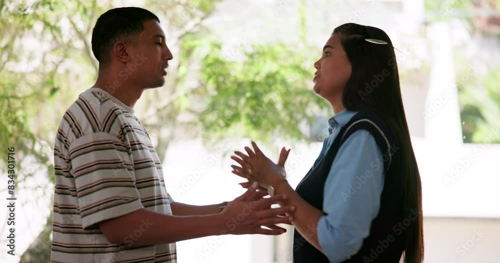 People, couple and arguing or angry in home for disagreement, problems and unhappy. Relationship, problem and conflict or upset to reprimand or fighting in living room with toxic conversation People, couple and arguing or angry in home for disagreement, problems and unhappy. Relationship, problem and conflict or upset to reprimand or fighting in living room with toxic conversation
