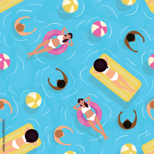 Summer time seamless pattern. People swimming, sunbathing and relaxing in the ocean.