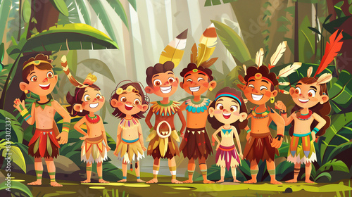 Illustration  whimsical cartoon scene featuring Brazilian Indigenous people in their traditional tribal costume. AI Generative photo