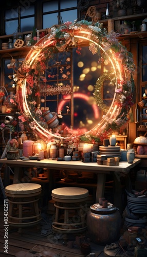 Christmas and New Year decorations in the interior of a cafe. 3d render © I