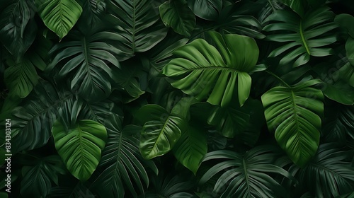 Background of group of dark green tropical leaves. Generative AI