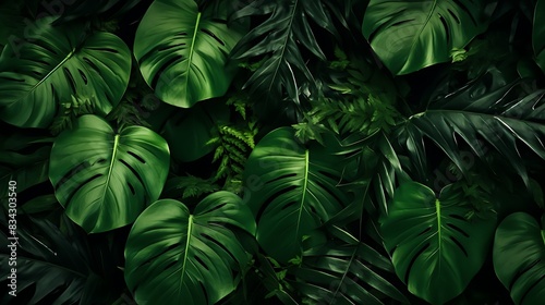 Background of group of dark green tropical leaves. Generative AI