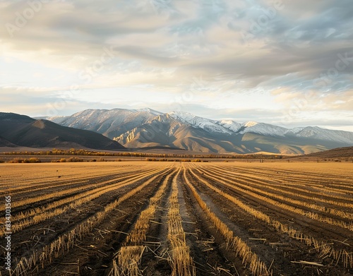A long, horizontal image of a field with mountains in the background