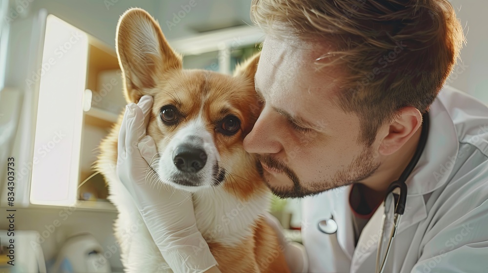 male vet doctor in white scrubs and white gloves is holding the head of a corgi dog while examining its eyes, with a background of a bright light clinic room