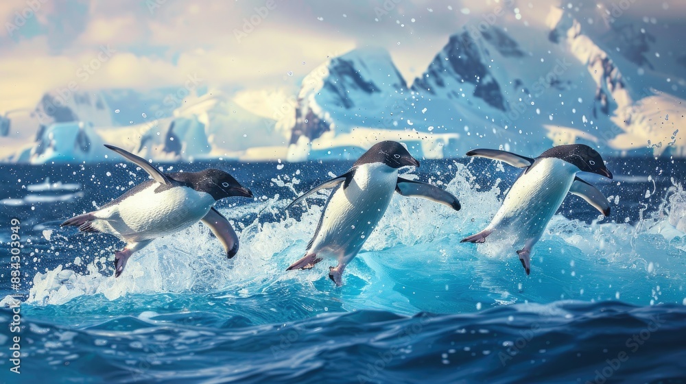 Naklejka premium Adelie penguins leaping and moving through the ocean