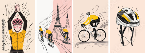 Collection of minimal road bike racing poster cover designs. Abstract cycling sports background