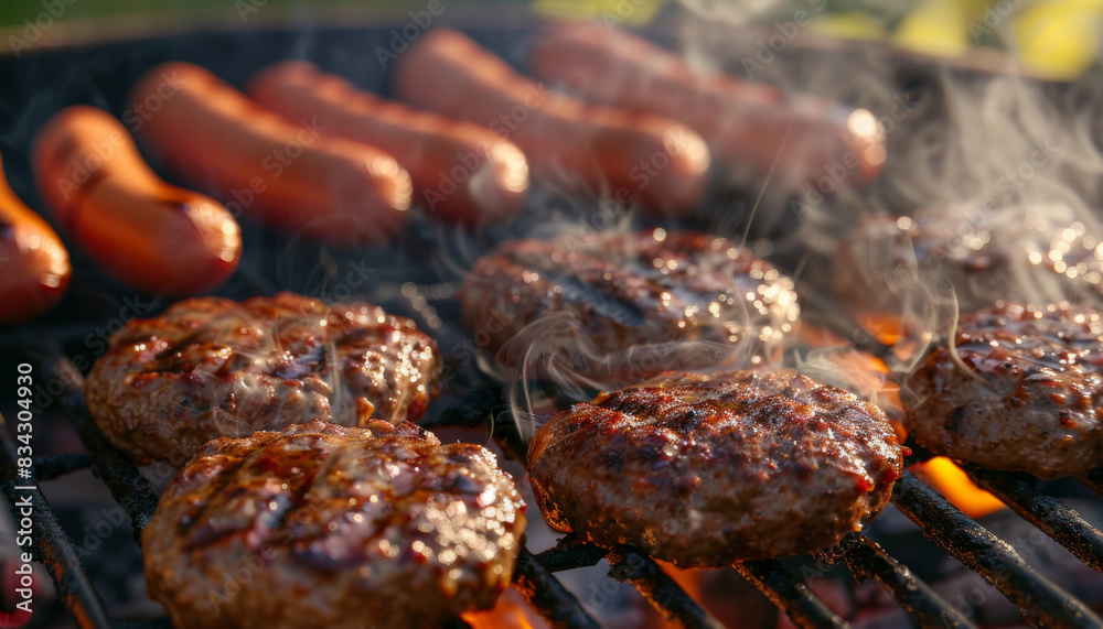 A grill with hot coals and a plate of hamburgers and hot dogs A grill with hot coals and a plate of hamburgers and hot dogs