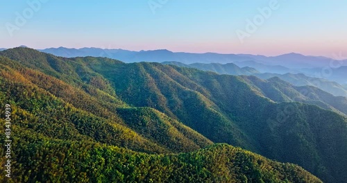 Aerial view of green forest and mountain nature landscape at sunset. Beautiful mountain range background. photo