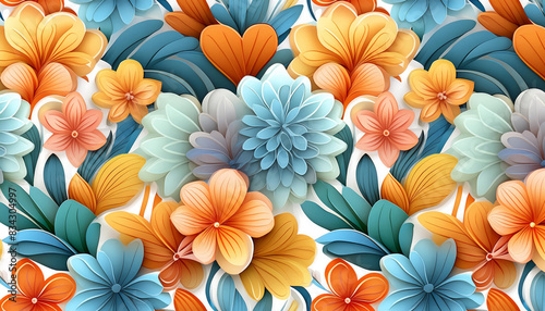 Seamless pattern with tropical beautiful flowers and leaves exotic background.
