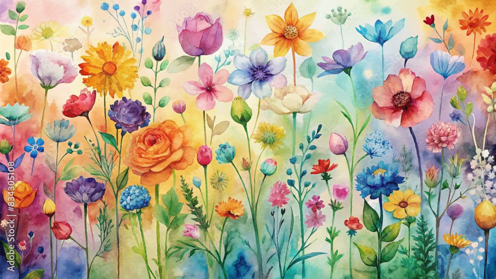 Watercolor background with wildflowers in every hue of the rainbow Watercolor background with wildflowers in every hue of the rainbow