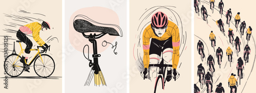 Collection of minimal road bike racing poster cover designs. Abstract cycling sports background