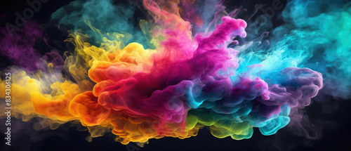 Splash of colorful mix smoke clouds on black background. Abstract artistic explosion in vibrant colors on dark backdrop. Bright multicolor dense powder dust fluid expansion.