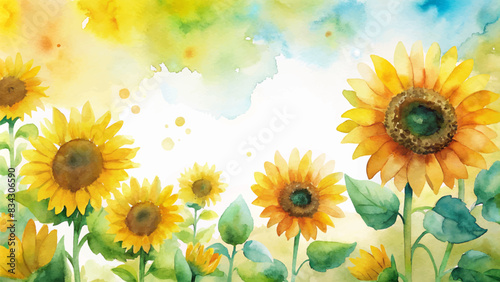 Watercolor background with cheerful sunflowers