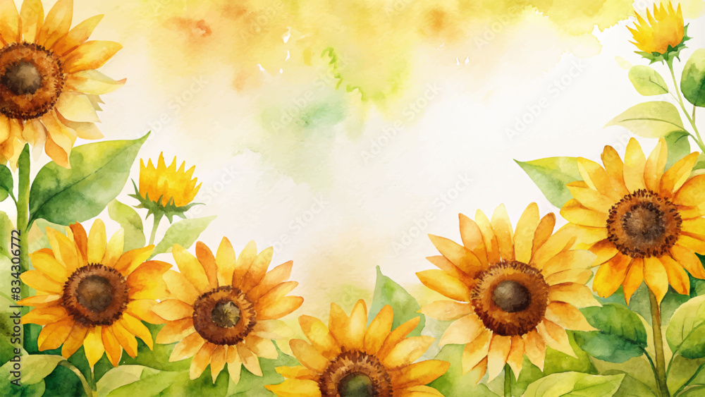 Obraz premium Watercolor background with cheerful sunflowers
