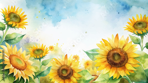 Watercolor background with cheerful sunflowers