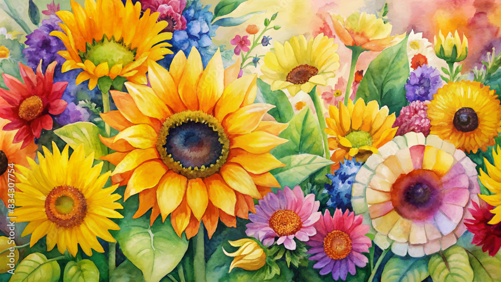Watercolor background with vibrant sunflower garlands