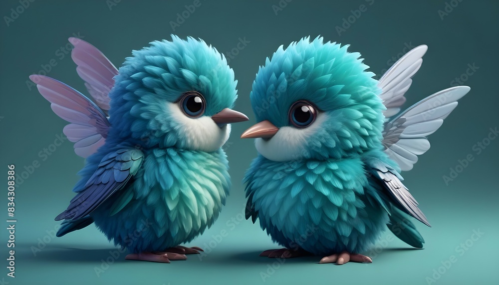 Obraz premium Cute 3D fluffy bubble baby hummingbird character, in pearly deep blue-green iridescent shining colour hues, adorable, childlike, cartoonish, smooth fluffy plushy texture, happy, hyperrealistic, high-r