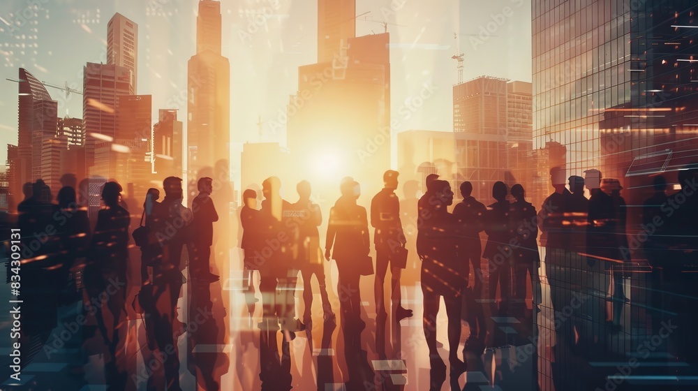 Double exposure image of many business people conference group meeting on city office building in background showing partnership success of business deal. Concept of teamwork Double exposure image of many business people conference group meeting on city office building in background showing partnership success of business deal. Concept of teamwork