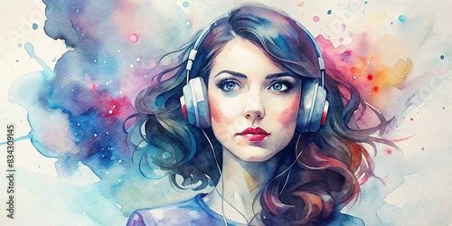 Watercolor of a retro style pop art design featuring a pretty brunette young woman with headphones , vintage, colorful, vibrant, music, fashion, feminine, beauty, artwork, graphic, trendy © artsakon