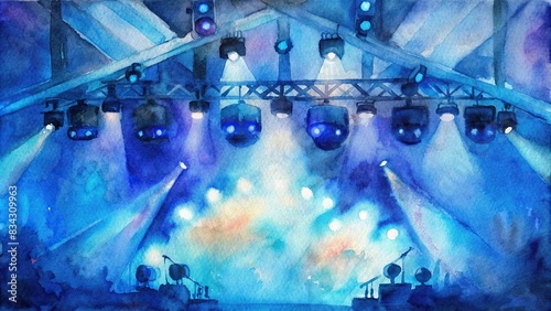 Abstract watercolor painting of strobe blue light from stage lighting equipment in a concert hall , concert, stage lighting, strobe light, blue light, abstract, watercolor, painting photo