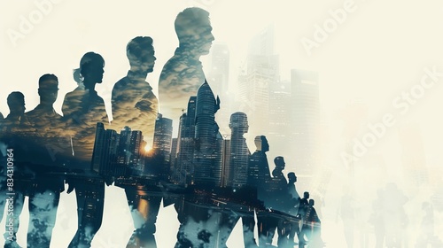 Double exposure image of many business people conference group meeting on city office building in background showing partnership success of business deal. Concept of teamwork