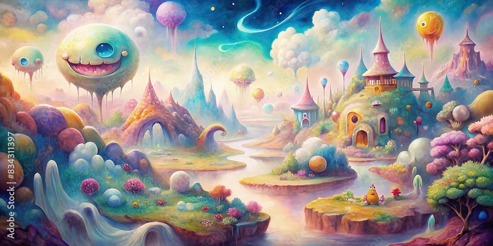 Surreal and colorful abstract artwork of a happy fantasy landscape view in watercolor , surreal, colorful, dynamic, composition, fun, entertaining, elements, fantasy, landscape, abstract