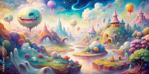 Surreal and colorful abstract artwork of a happy fantasy landscape view in watercolor   surreal  colorful  dynamic  composition  fun  entertaining  elements  fantasy  landscape  abstract