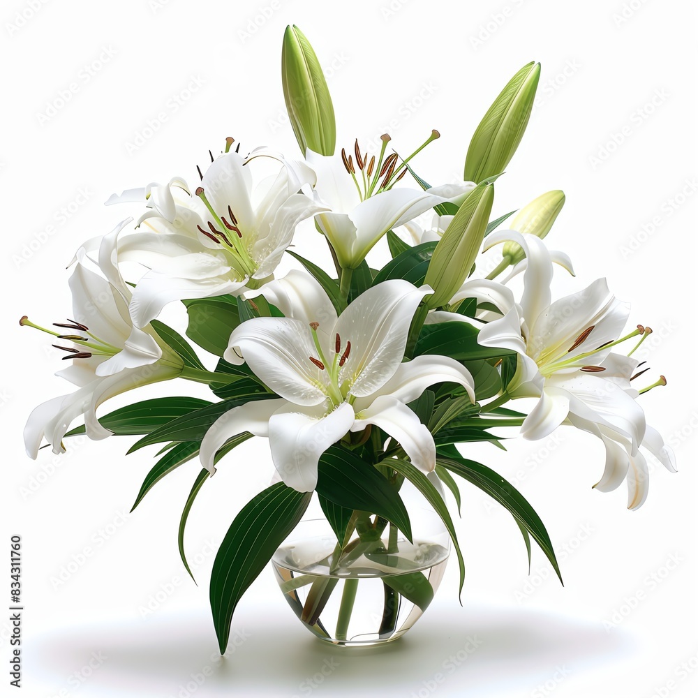 A bouquet of white lilies in a clear vase, isolated on white background. A bouquet of white lilies in a clear vase, isolated on white background.