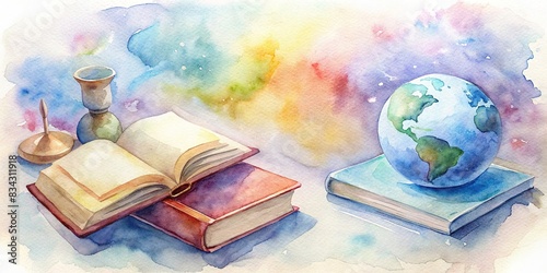 Watercolor of English language learning concept for online training and study, language, education, concept, study,doodle, course, foreign, watercolor, home, training, online, English, learning photo