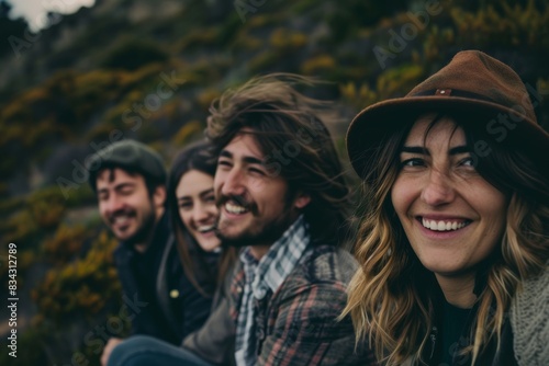 Group of friends having fun on a mountain hike. Group of friends having fun outdoors.