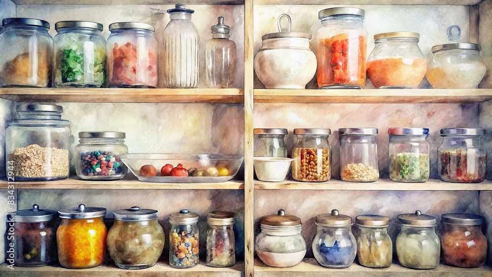 Neatly organized pantry with glass jars and dry goods, perfect for home organization blogs, kitchen design articles, and storage solutions. watercolor, pantry, organized, glass jars