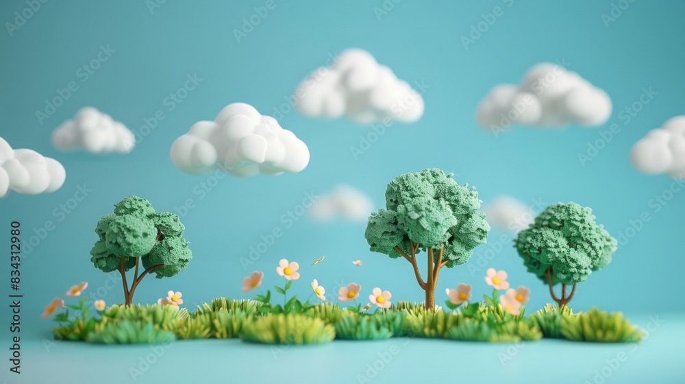 Cute Clay Animation on Vibrant Background with Scattered White Clouds, Whimsical Art Style Cute Clay Animation on Vibrant Background with Scattered White Clouds, Whimsical Art Style