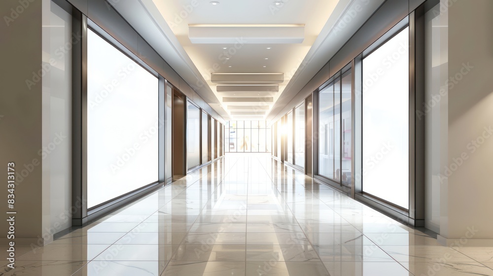Shopping Mall Interior with Empty Storefront: A shot of a shopping mall interior with an empty storefront or display window, leaving space for inserting text or promotional messages Shopping Mall Interior with Empty Storefront: A shot of a shopping mall interior with an empty storefront or display window, leaving space for inserting text or promotional messages