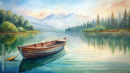 Wooden rowing boat floating on a calm lake in summer watercolor , rowboat, wooden, calm, lake, summer, watercolor, peaceful, serene, tranquil, reflection, nature, outdoors, recreation © artsakon