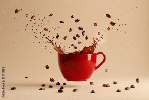 A red cup of coffee with coffee beans around flying in the air, spilling out brown liquid, against a beige background