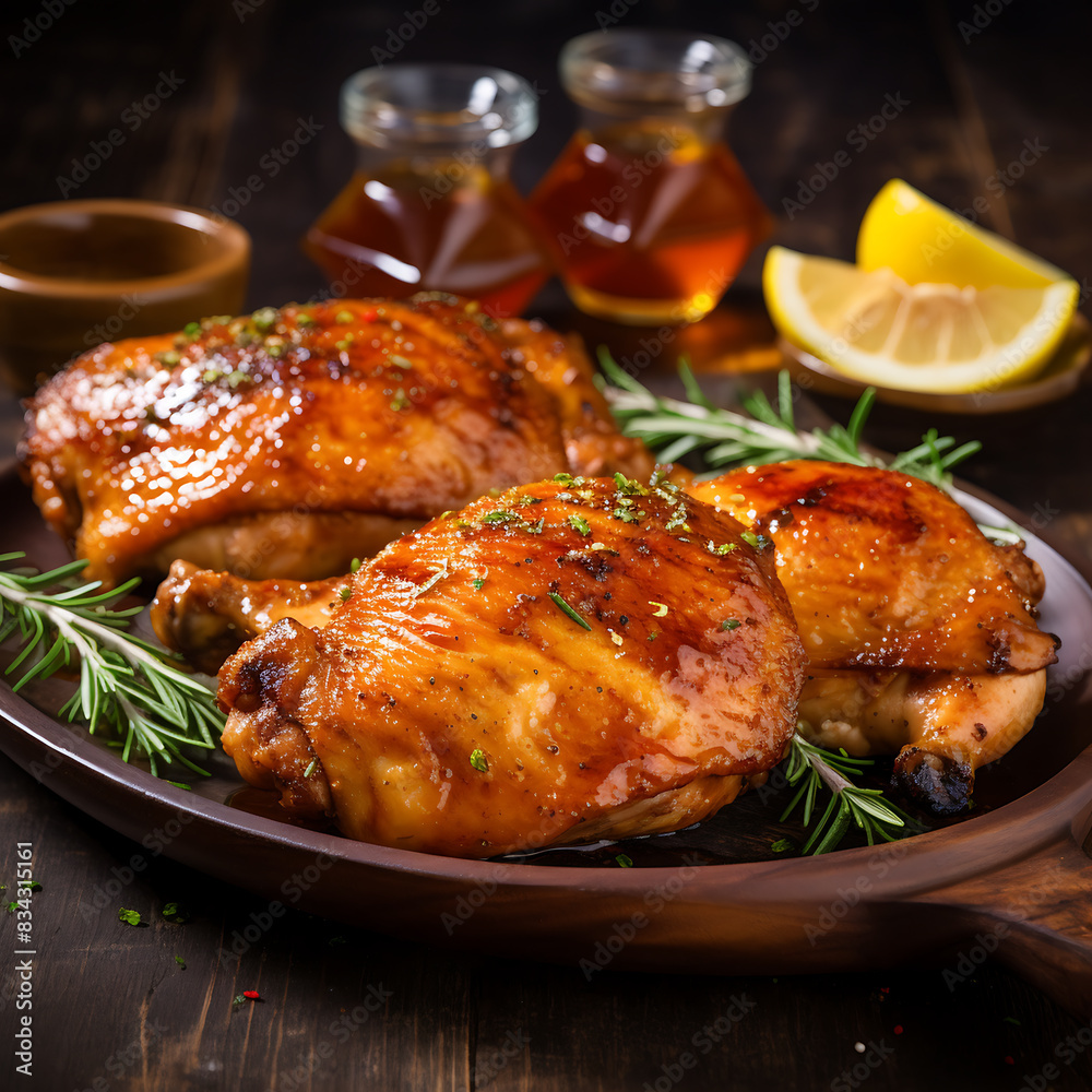 Roasted chicken legs with rosemary and lemon on a wooden board. Roasted chicken legs with rosemary and lemon on a wooden board.