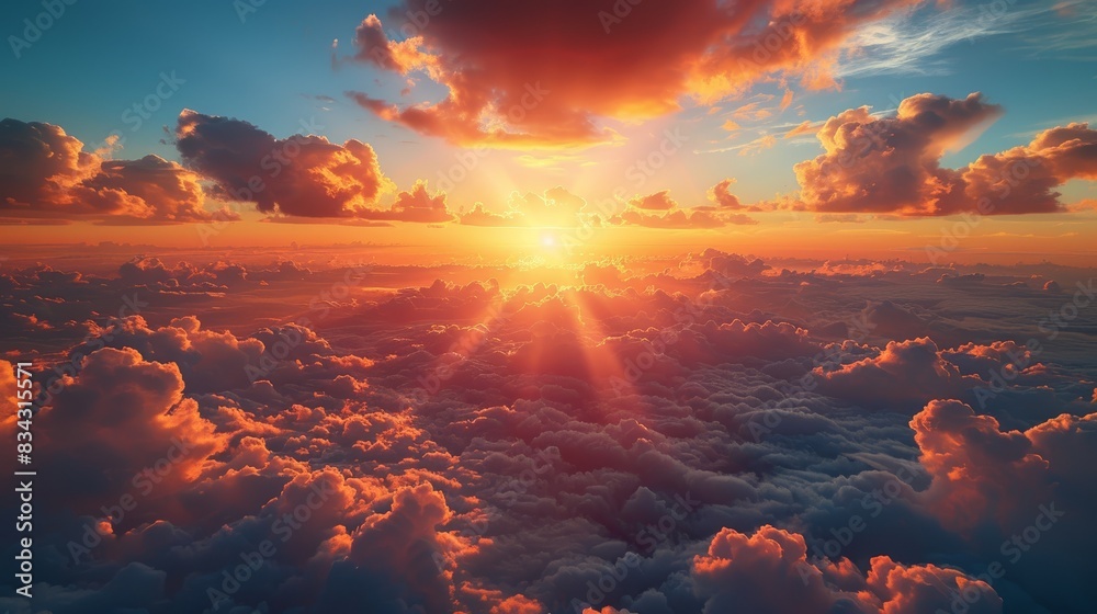 A breathtaking aerial view of a vibrant and colorful sunset with dramatic clouds, illustrating the stunning beauty and magnificence of the natural sky