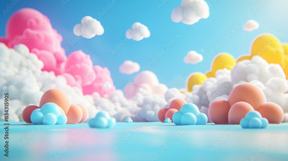 Cute Clay Animation on Vibrant Background with Scattered White Clouds, Whimsical Art Style Cute Clay Animation on Vibrant Background with Scattered White Clouds, Whimsical Art Style