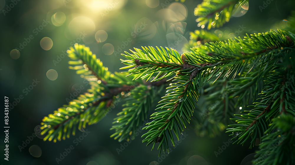 shot of the delicate green needles on an evergreen tree, with bokeh in a soft focus background. shot of the delicate green needles on an evergreen tree, with bokeh in a soft focus background.