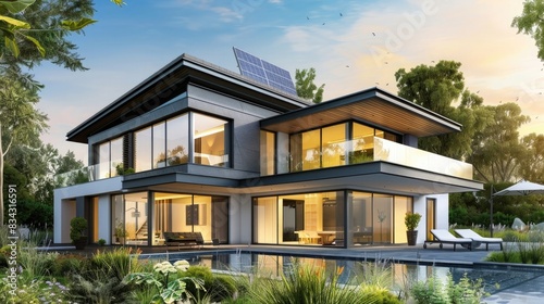 Beautiful modern house with solar panels on the roof