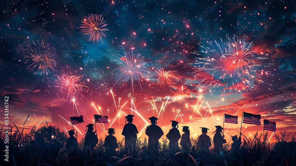 Fototapeta premium students in graduation attire, celebrating on Labor Day, fireworks in the sky, American flags, evening scene, Generated with AI