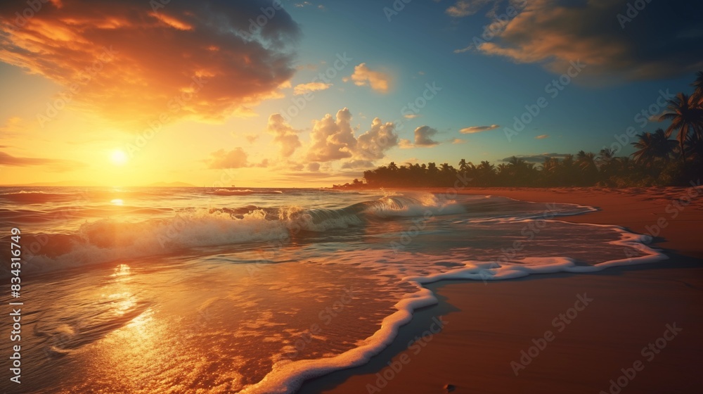 Idyllic Sunset at the Beach with Waves Gently Crashing on the Shoreline