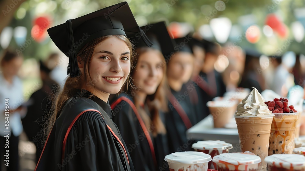graduation barbecue with an ice cream bar, students in caps and gowns