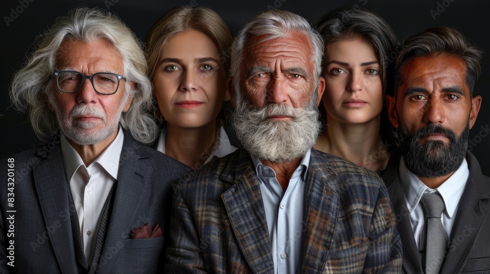 A portrait of five diverse individuals with varying ages and styles, each displaying unique expressions, against a dark studio background A portrait of five diverse individuals with varying ages and styles, each displaying unique expressions, against a dark studio background