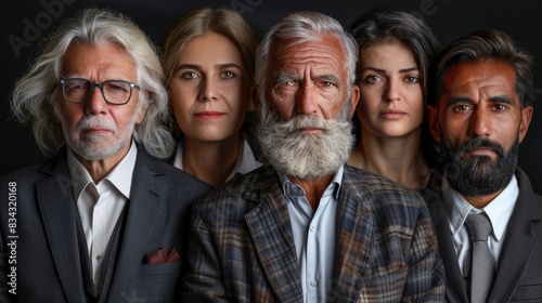 A portrait of five diverse individuals with varying ages and styles  each displaying unique expressions  against a dark studio background