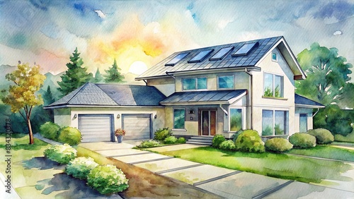 Modern eco-friendly suburban house with solar panels on the roof, driveway, and landscaped yard watercolor , eco-friendly, suburban house, photovoltaic system, modern, passive house photo