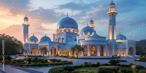 An awe-inspiring image of a large, beautifully illuminated white mosque with majestic blue domes and tall minarets, set against a stunning sunset sky photo