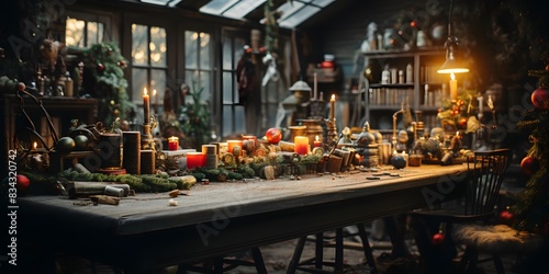 Christmas decoration. New Year's interior. Christmas tree, toys, garlands, candles on a wooden table.